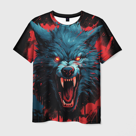 Мужская футболка 3D с принтом Wolf black  red в Кировске, 100% полиэфир | прямой крой, круглый вырез горловины, длина до линии бедер | 