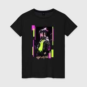 Женская футболка хлопок с принтом Девушка в ночном городе в Санкт-Петербурге, 100% хлопок | прямой крой, круглый вырез горловины, длина до линии бедер, слегка спущенное плечо | 