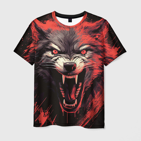 Мужская футболка 3D с принтом Злой       волк в Курске, 100% полиэфир | прямой крой, круглый вырез горловины, длина до линии бедер | 