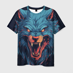 Мужская футболка 3D с принтом art blue wolf в Курске, 100% полиэфир | прямой крой, круглый вырез горловины, длина до линии бедер | Тематика изображения на принте: 