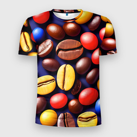 Мужская футболка 3D Slim с принтом Кофейные зёрна в Санкт-Петербурге, 100% полиэстер с улучшенными характеристиками | приталенный силуэт, круглая горловина, широкие плечи, сужается к линии бедра | Тематика изображения на принте: 