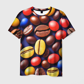 Мужская футболка 3D с принтом Кофейные зёрна в Санкт-Петербурге, 100% полиэфир | прямой крой, круглый вырез горловины, длина до линии бедер | Тематика изображения на принте: 