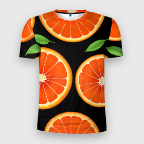 Мужская футболка 3D Slim с принтом Апельсины в разрезе , 100% полиэстер с улучшенными характеристиками | приталенный силуэт, круглая горловина, широкие плечи, сужается к линии бедра | 
