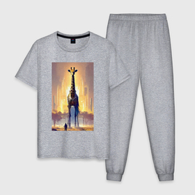 Мужская пижама хлопок с принтом Жираф в большом городе   фантазия   Нью Йорк в Санкт-Петербурге, 100% хлопок | брюки и футболка прямого кроя, без карманов, на брюках мягкая резинка на поясе и по низу штанин
 | 