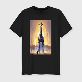 Мужская футболка хлопок Slim с принтом Жираф в большом городе   фантазия   Нью Йорк в Белгороде, 92% хлопок, 8% лайкра | приталенный силуэт, круглый вырез ворота, длина до линии бедра, короткий рукав | 