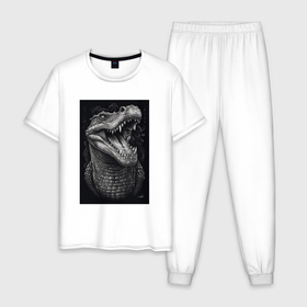 Мужская пижама хлопок с принтом Крокодил острые зубы в Тюмени, 100% хлопок | брюки и футболка прямого кроя, без карманов, на брюках мягкая резинка на поясе и по низу штанин
 | 