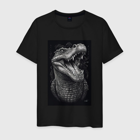 Мужская футболка хлопок с принтом Крокодил острые зубы в Тюмени, 100% хлопок | прямой крой, круглый вырез горловины, длина до линии бедер, слегка спущенное плечо. | Тематика изображения на принте: 