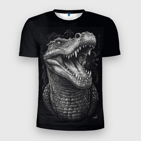 Мужская футболка 3D Slim с принтом Крокодил  стиль   тату в Тюмени, 100% полиэстер с улучшенными характеристиками | приталенный силуэт, круглая горловина, широкие плечи, сужается к линии бедра | Тематика изображения на принте: 