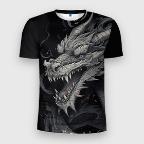 Мужская футболка 3D Slim с принтом Дракон черно белый стиль в Белгороде, 100% полиэстер с улучшенными характеристиками | приталенный силуэт, круглая горловина, широкие плечи, сужается к линии бедра | 