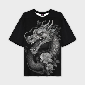 Мужская футболка oversize 3D с принтом Дракон  и   розы в Екатеринбурге,  |  | Тематика изображения на принте: 