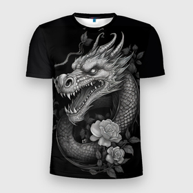 Мужская футболка 3D Slim с принтом Дракон  и   розы в Екатеринбурге, 100% полиэстер с улучшенными характеристиками | приталенный силуэт, круглая горловина, широкие плечи, сужается к линии бедра | Тематика изображения на принте: 