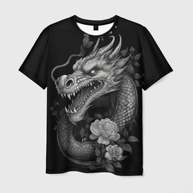 Мужская футболка 3D с принтом Дракон  и   розы в Екатеринбурге, 100% полиэфир | прямой крой, круглый вырез горловины, длина до линии бедер | Тематика изображения на принте: 