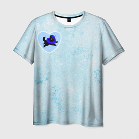 Мужская футболка 3D с принтом Ледяное сердце и кошка любви , 100% полиэфир | прямой крой, круглый вырез горловины, длина до линии бедер | Тематика изображения на принте: 