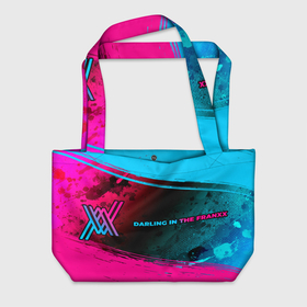 Пляжная сумка 3D с принтом Darling in the FranXX   neon gradient: надпись и символ в Тюмени, 100% полиэстер | застегивается на металлическую кнопку; внутренний карман застегивается на молнию. Стенки укреплены специальным мягким материалом, чтобы защитить содержимое от несильных ударов
 | 
