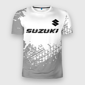 Мужская футболка 3D Slim с принтом Suzuki speed на светлом фоне со следами шин: символ сверху в Екатеринбурге, 100% полиэстер с улучшенными характеристиками | приталенный силуэт, круглая горловина, широкие плечи, сужается к линии бедра | 