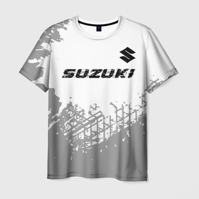 Мужская футболка 3D с принтом Suzuki speed на светлом фоне со следами шин: символ сверху в Екатеринбурге, 100% полиэфир | прямой крой, круглый вырез горловины, длина до линии бедер | 