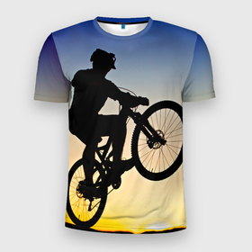 Мужская футболка 3D Slim с принтом Прыжок велосипедиста в Курске, 100% полиэстер с улучшенными характеристиками | приталенный силуэт, круглая горловина, широкие плечи, сужается к линии бедра | Тематика изображения на принте: 