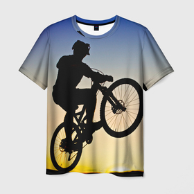 Мужская футболка 3D с принтом Прыжок велосипедиста в Курске, 100% полиэфир | прямой крой, круглый вырез горловины, длина до линии бедер | Тематика изображения на принте: 