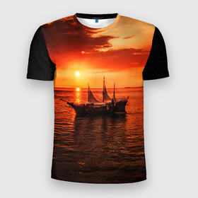 Мужская футболка 3D Slim с принтом Яхта в вечернем море в Екатеринбурге, 100% полиэстер с улучшенными характеристиками | приталенный силуэт, круглая горловина, широкие плечи, сужается к линии бедра | 