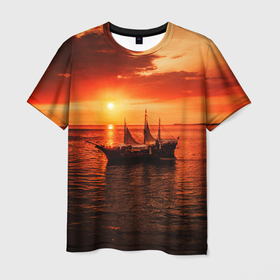 Мужская футболка 3D с принтом Яхта в вечернем море в Екатеринбурге, 100% полиэфир | прямой крой, круглый вырез горловины, длина до линии бедер | 