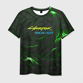 Мужская футболка 3D с принтом Cyberpunk 2077 phantom liberty green в Курске, 100% полиэфир | прямой крой, круглый вырез горловины, длина до линии бедер | 