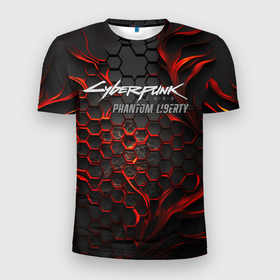 Мужская футболка 3D Slim с принтом Cyberpunk 2077 Phantom liberty red fire в Санкт-Петербурге, 100% полиэстер с улучшенными характеристиками | приталенный силуэт, круглая горловина, широкие плечи, сужается к линии бедра | 
