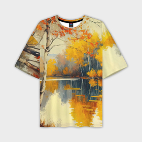 Мужская футболка oversize 3D с принтом Осенние березки у озера в Санкт-Петербурге,  |  | 