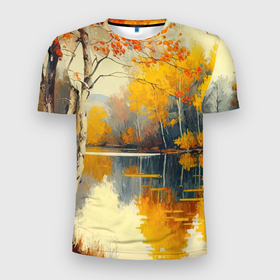 Мужская футболка 3D Slim с принтом Осенние березки у озера в Белгороде, 100% полиэстер с улучшенными характеристиками | приталенный силуэт, круглая горловина, широкие плечи, сужается к линии бедра | 