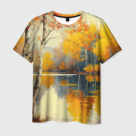 Мужская футболка 3D с принтом Осенние березки у озера , 100% полиэфир | прямой крой, круглый вырез горловины, длина до линии бедер | 