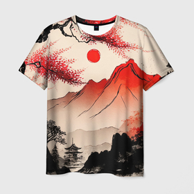 Мужская футболка 3D с принтом Японский традиционный пейзаж в Курске, 100% полиэфир | прямой крой, круглый вырез горловины, длина до линии бедер | 