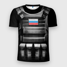Мужская футболка 3D Slim с принтом Бронежилет черный Россия , 100% полиэстер с улучшенными характеристиками | приталенный силуэт, круглая горловина, широкие плечи, сужается к линии бедра | 