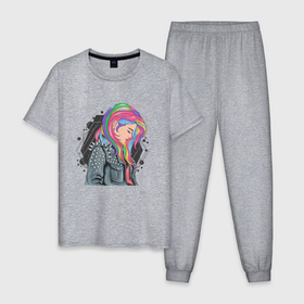 Мужская пижама хлопок с принтом Девушка рокерша с разноцветными волосами в Екатеринбурге, 100% хлопок | брюки и футболка прямого кроя, без карманов, на брюках мягкая резинка на поясе и по низу штанин
 | 