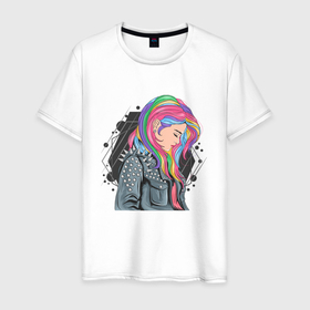 Мужская футболка хлопок с принтом Девушка рокерша с разноцветными волосами в Белгороде, 100% хлопок | прямой крой, круглый вырез горловины, длина до линии бедер, слегка спущенное плечо. | 