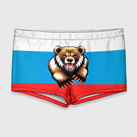 Мужские купальные плавки 3D с принтом Российский флаг и медведь в Петрозаводске, Полиэстер 85%, Спандекс 15% |  | 