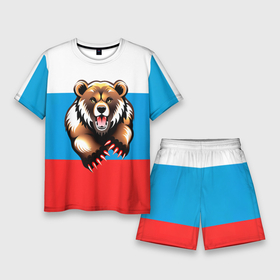 Мужской костюм с шортами 3D с принтом Российский флаг и медведь ,  |  | 