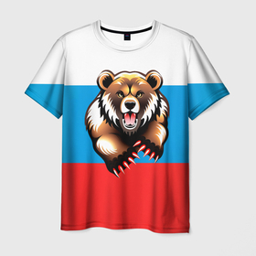 Мужская футболка 3D с принтом Российский флаг и медведь в Тюмени, 100% полиэфир | прямой крой, круглый вырез горловины, длина до линии бедер | 