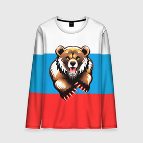 Мужской лонгслив 3D с принтом Российский флаг и медведь в Новосибирске, 100% полиэстер | длинные рукава, круглый вырез горловины, полуприлегающий силуэт | 