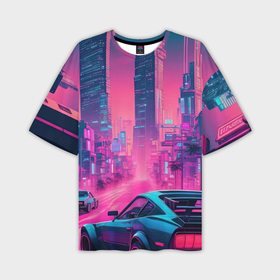 Мужская футболка oversize 3D с принтом Вечерний город в неоновых огнях в Санкт-Петербурге,  |  | 