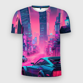 Мужская футболка 3D Slim с принтом Вечерний город в неоновых огнях в Петрозаводске, 100% полиэстер с улучшенными характеристиками | приталенный силуэт, круглая горловина, широкие плечи, сужается к линии бедра | 