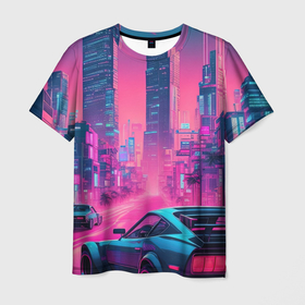 Мужская футболка 3D с принтом Вечерний город в неоновых огнях в Курске, 100% полиэфир | прямой крой, круглый вырез горловины, длина до линии бедер | Тематика изображения на принте: 