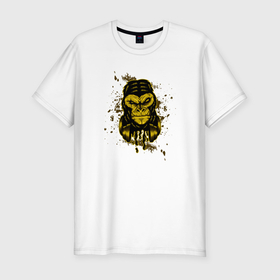 Мужская футболка хлопок Slim с принтом Крутая горилла с наушниками в Тюмени, 92% хлопок, 8% лайкра | приталенный силуэт, круглый вырез ворота, длина до линии бедра, короткий рукав | 