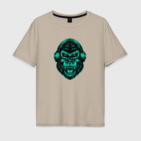 Мужская футболка хлопок Oversize с принтом Крутая горилла в наушниках в Санкт-Петербурге, 100% хлопок | свободный крой, круглый ворот, “спинка” длиннее передней части | Тематика изображения на принте: 
