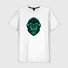 Мужская футболка хлопок Slim с принтом Крутая горилла в наушниках в Кировске, 92% хлопок, 8% лайкра | приталенный силуэт, круглый вырез ворота, длина до линии бедра, короткий рукав | 