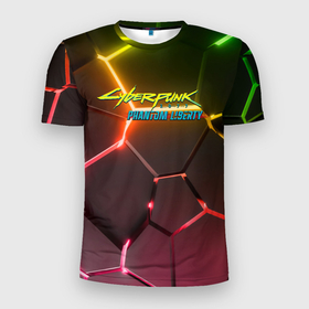 Мужская футболка 3D Slim с принтом Cyberpunk  2077 phantom liberty  logo neon в Курске, 100% полиэстер с улучшенными характеристиками | приталенный силуэт, круглая горловина, широкие плечи, сужается к линии бедра | 