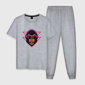 Мужская пижама хлопок с принтом Агрессивная горилла в наушниках и очках в Тюмени, 100% хлопок | брюки и футболка прямого кроя, без карманов, на брюках мягкая резинка на поясе и по низу штанин
 | 