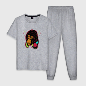 Мужская пижама хлопок с принтом Крутая горилла с наушниками в Санкт-Петербурге, 100% хлопок | брюки и футболка прямого кроя, без карманов, на брюках мягкая резинка на поясе и по низу штанин
 | Тематика изображения на принте: 