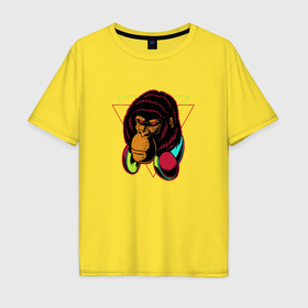 Мужская футболка хлопок Oversize с принтом Крутая горилла с наушниками в Санкт-Петербурге, 100% хлопок | свободный крой, круглый ворот, “спинка” длиннее передней части | Тематика изображения на принте: 