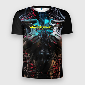 Мужская футболка 3D Slim с принтом Cyberpunk  2077 phantom liberty  cyborg в Новосибирске, 100% полиэстер с улучшенными характеристиками | приталенный силуэт, круглая горловина, широкие плечи, сужается к линии бедра | 