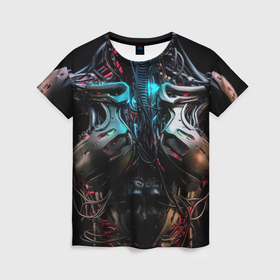 Женская футболка 3D с принтом Броня в стиле киберпанк в Екатеринбурге, 100% полиэфир ( синтетическое хлопкоподобное полотно) | прямой крой, круглый вырез горловины, длина до линии бедер | 