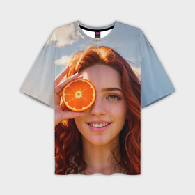 Мужская футболка oversize 3D с принтом Девушка с апельсином в Новосибирске,  |  | 